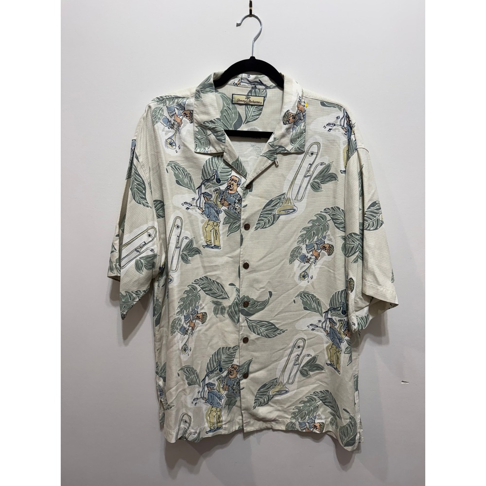 Tommy Bahama Mens Silk Blend Jazz Musician Tropical Camp Shirt Beige Sage XL